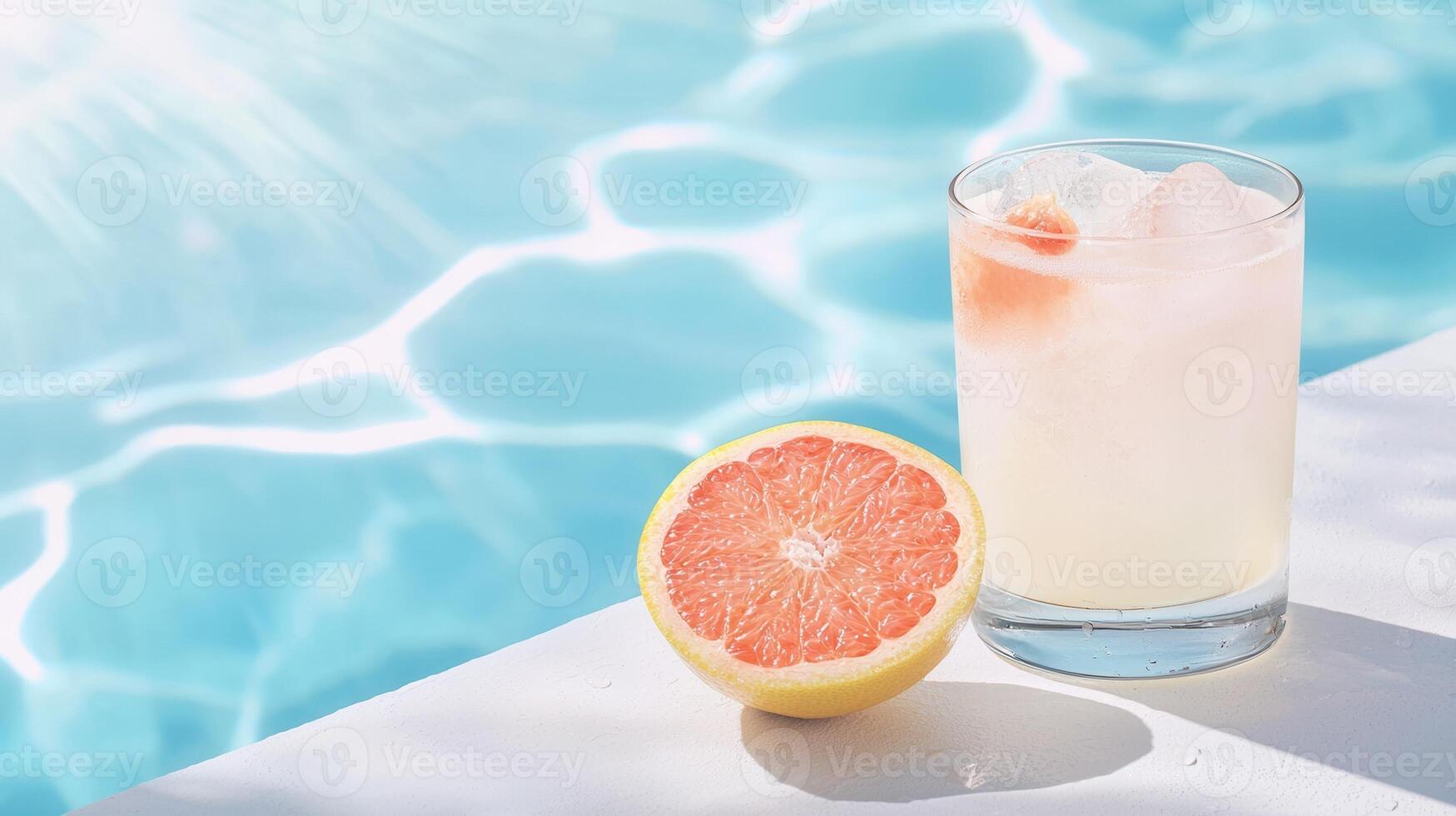 Glass of refreshing grapefruit juice pool ice cubes with half a grapefruit by the and on a sunny day photo