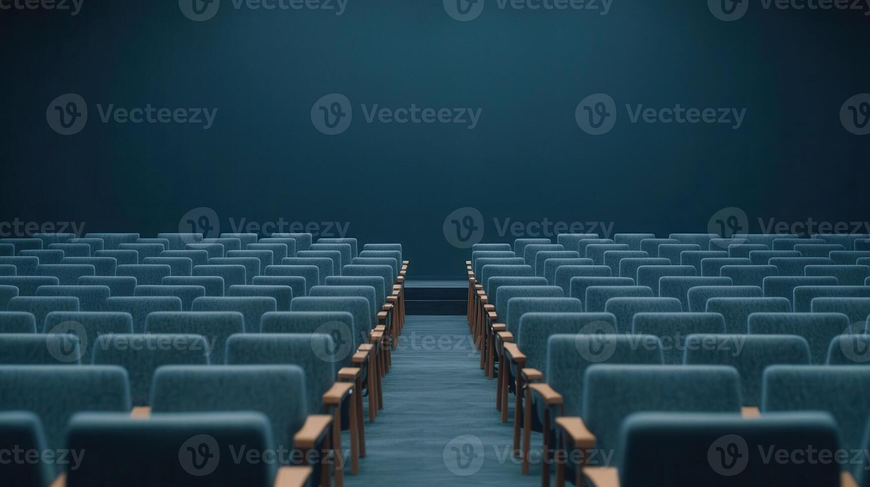 White chairs neatly lined up in wall, conference minimalist facing blue space, awaiting professional gathering or corporate meeting photo