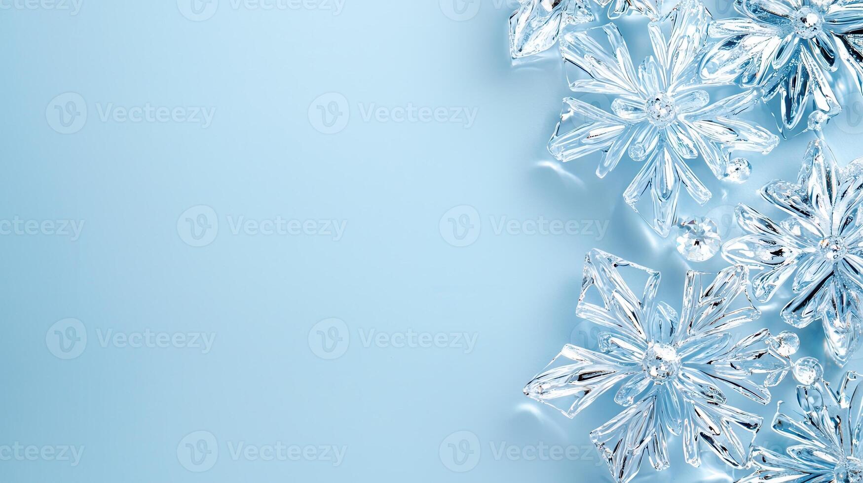 Frosty leaves sparkling under crisp winter light, intricate ice crystals soft delicate foliage, creating serene seasonal landscape with surrounding snowflake patterns photo