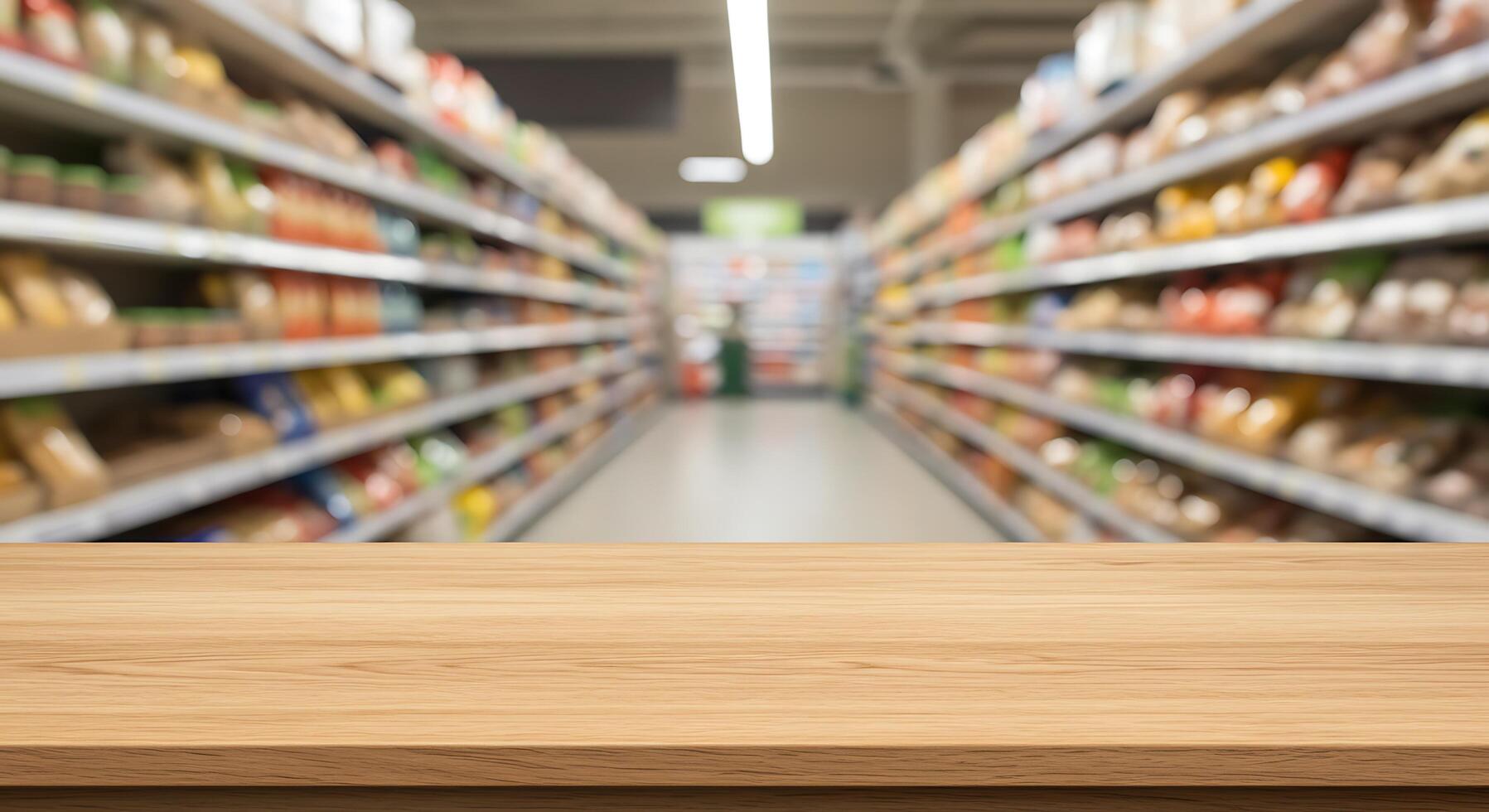 Empty wooden table in supermarket aisle with blurred background photo