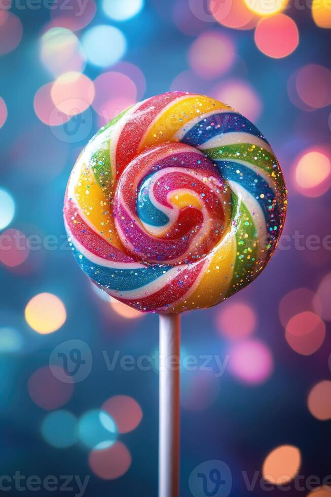 Colorful swirl lollipop shining on a blurred background photo