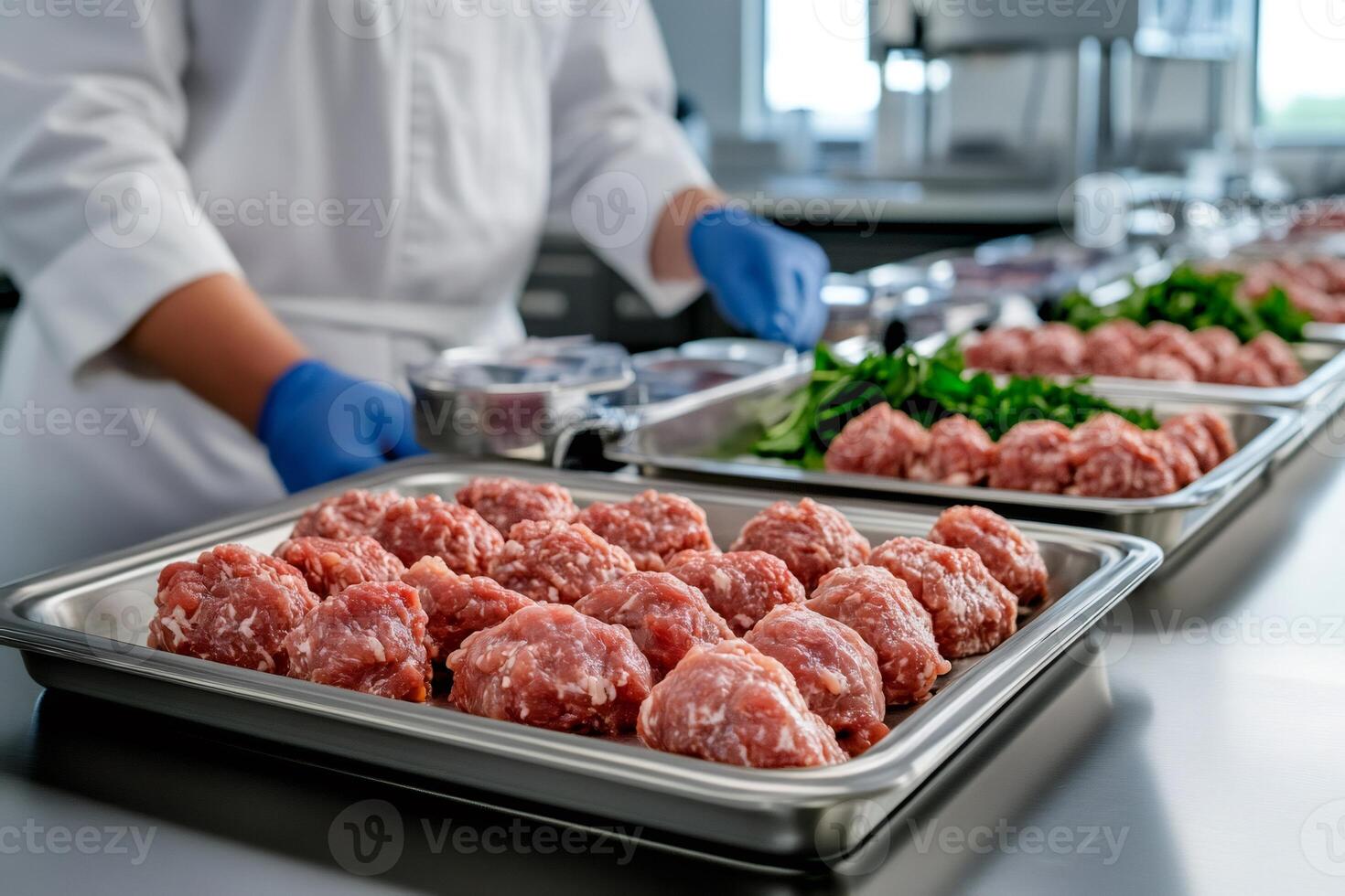 Chef preparing meatballs in professional kitchen, ensuring quality and hygiene photo
