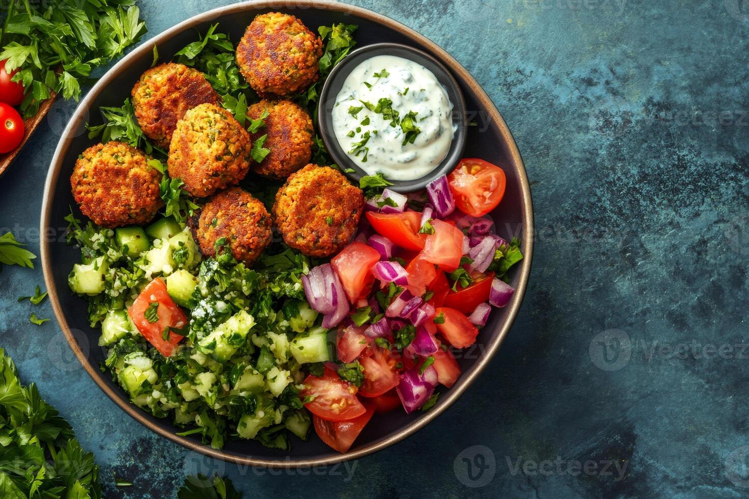 Healthy vegan lunch bowl with falafel, tabbouleh, tomato and onion salad and yogurt sauce photo