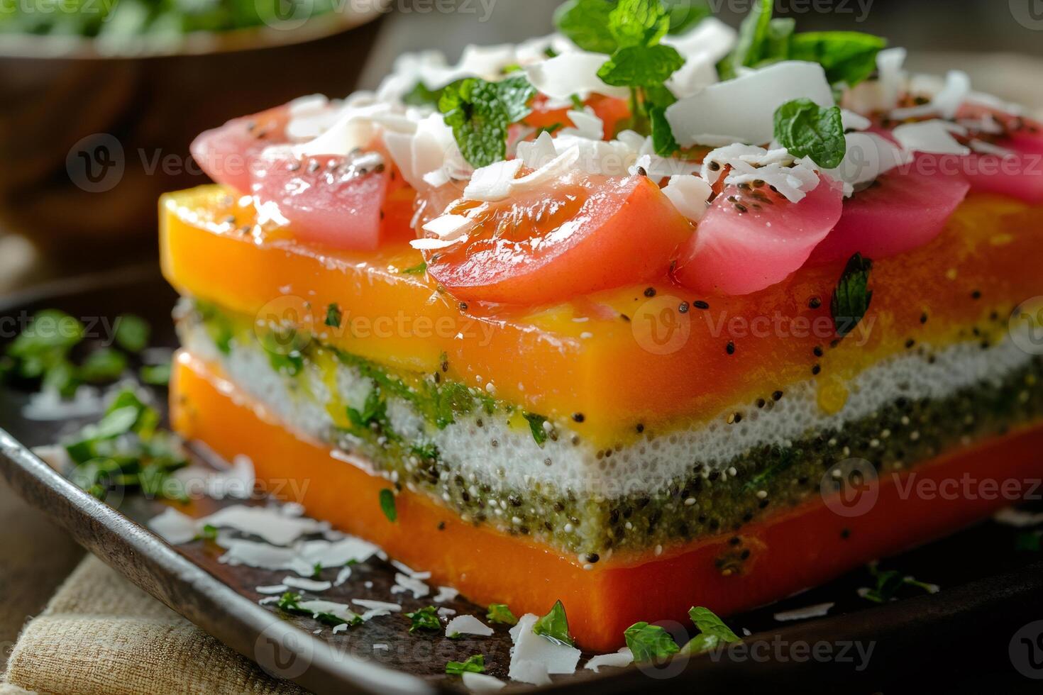 Colorful layered dessert garnished with coconut and mint photo