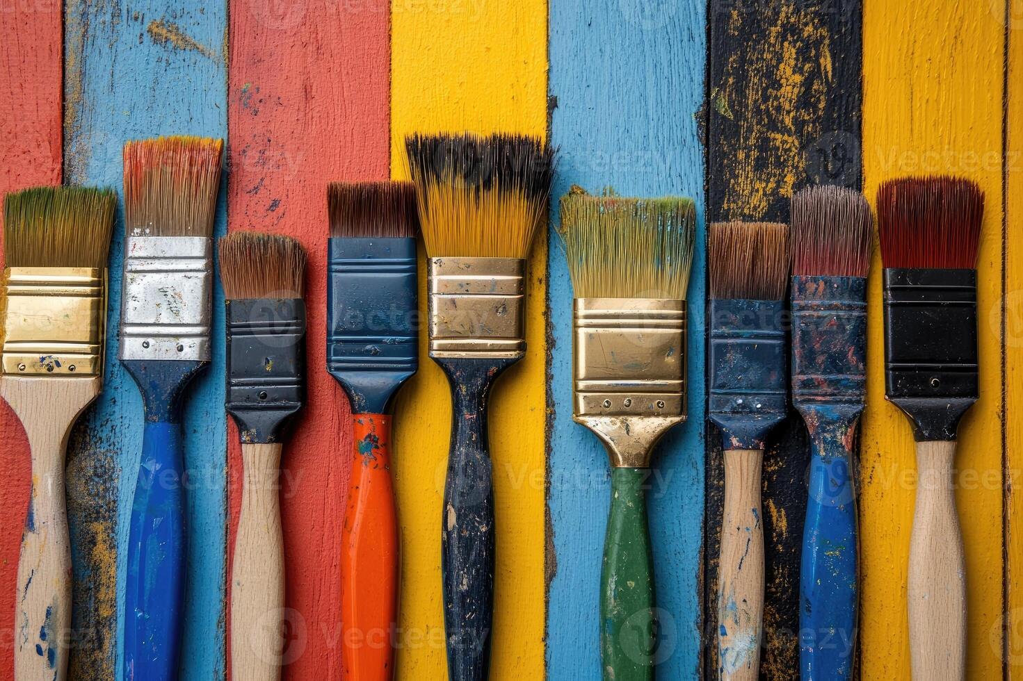 Colorful paintbrushes resting on vibrant wooden background, embracing creativity photo