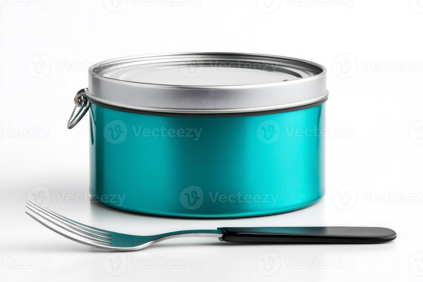 Turquoise lunch box with metal fork on white background photo
