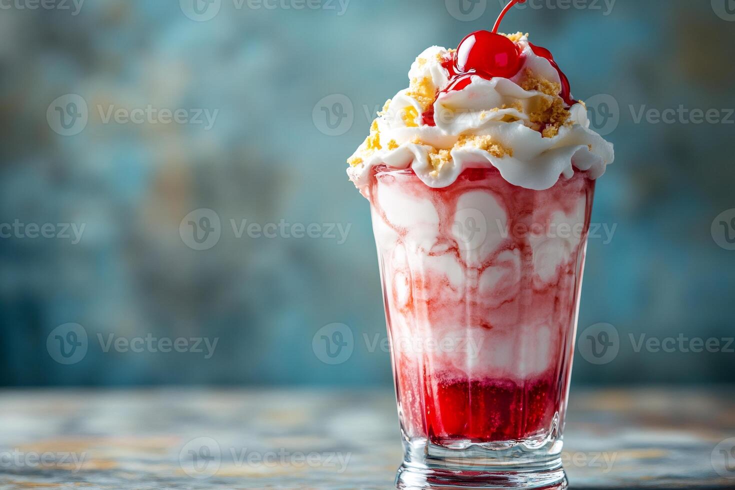 Delicious ice cream sundae with whipped cream, cherry and crumble topping in a glass photo
