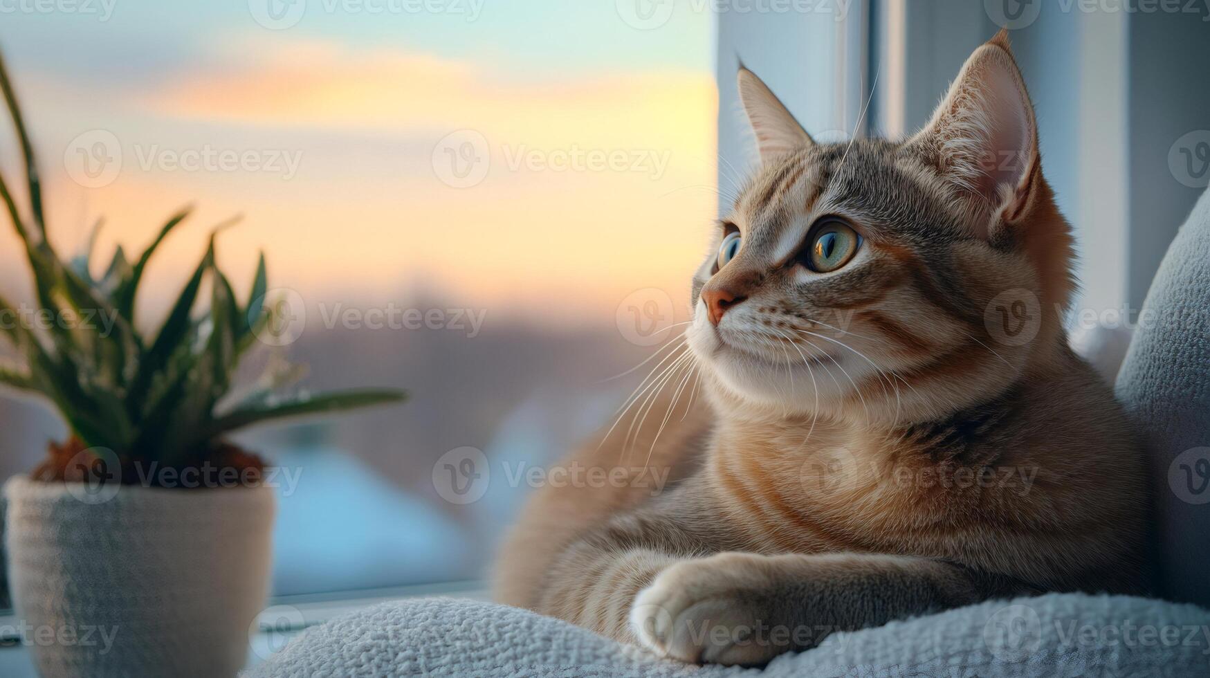 Cute cat relaxing by the window at sunset, enjoying cozy home atmosphere photo