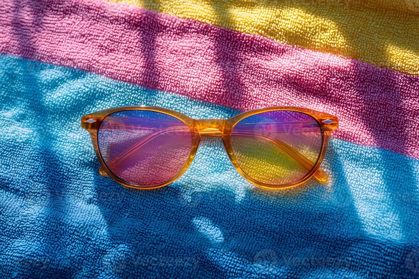 Sunglasses resting on colorful beach towel reflecting summer vibes photo