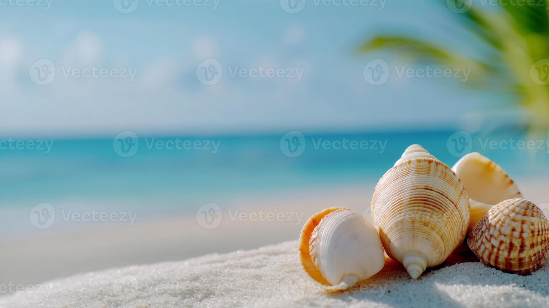 Seashells resting on white sand beach with turquoise water and palm tree photo