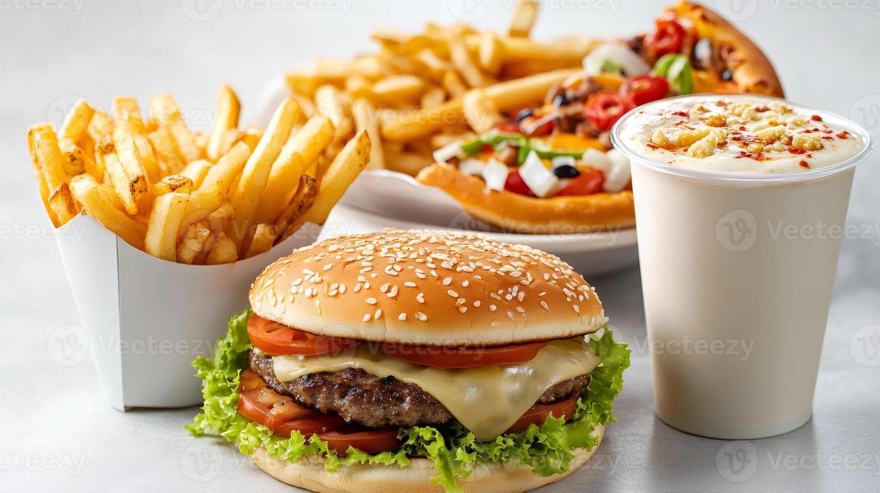 Burger, fries, pizza and milkshake creating unhealthy meal combination photo