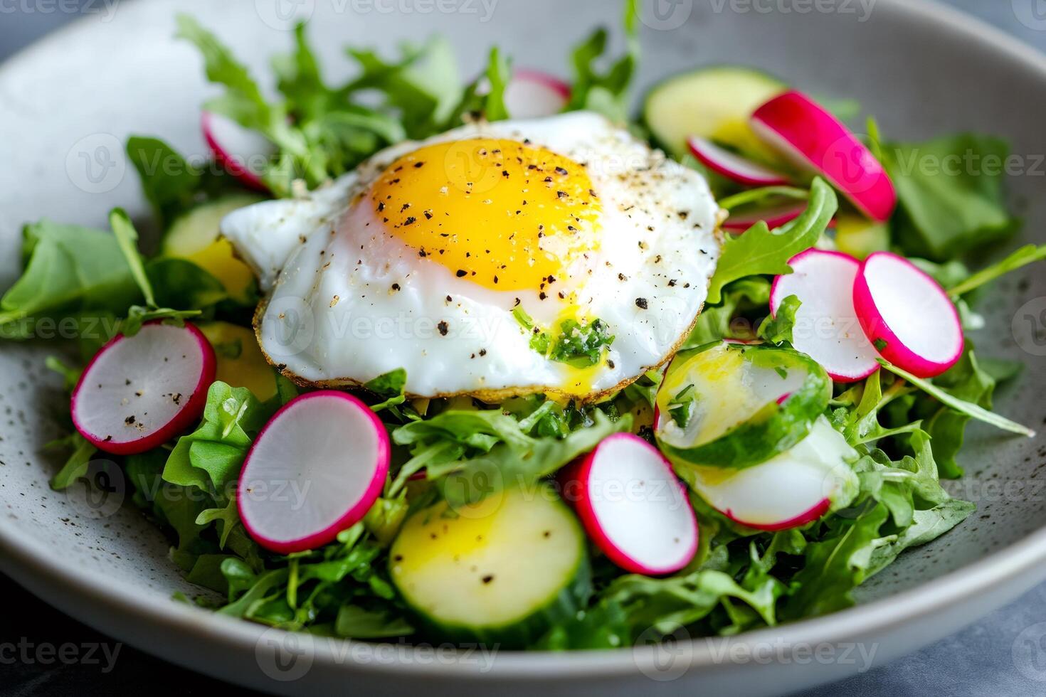 Fried egg resting on fresh arugula salad with cucumber and radish slices photo