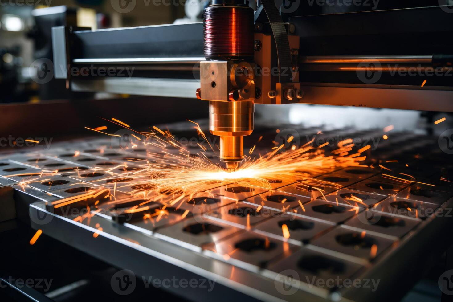 Industrial laser cutter creating sparks while cutting metal sheet. . photo