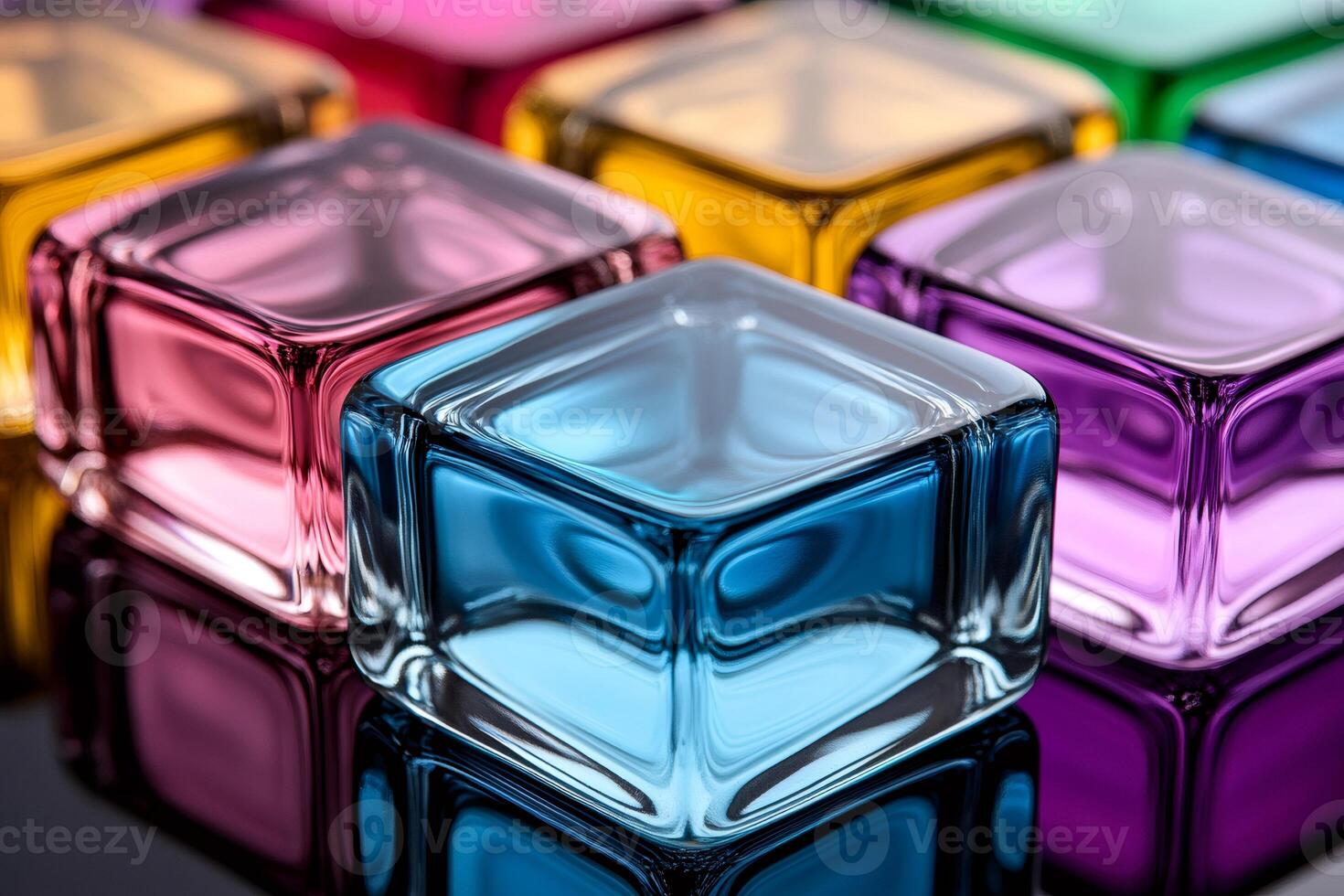 Colorful glass cubes reflecting on dark surface photo