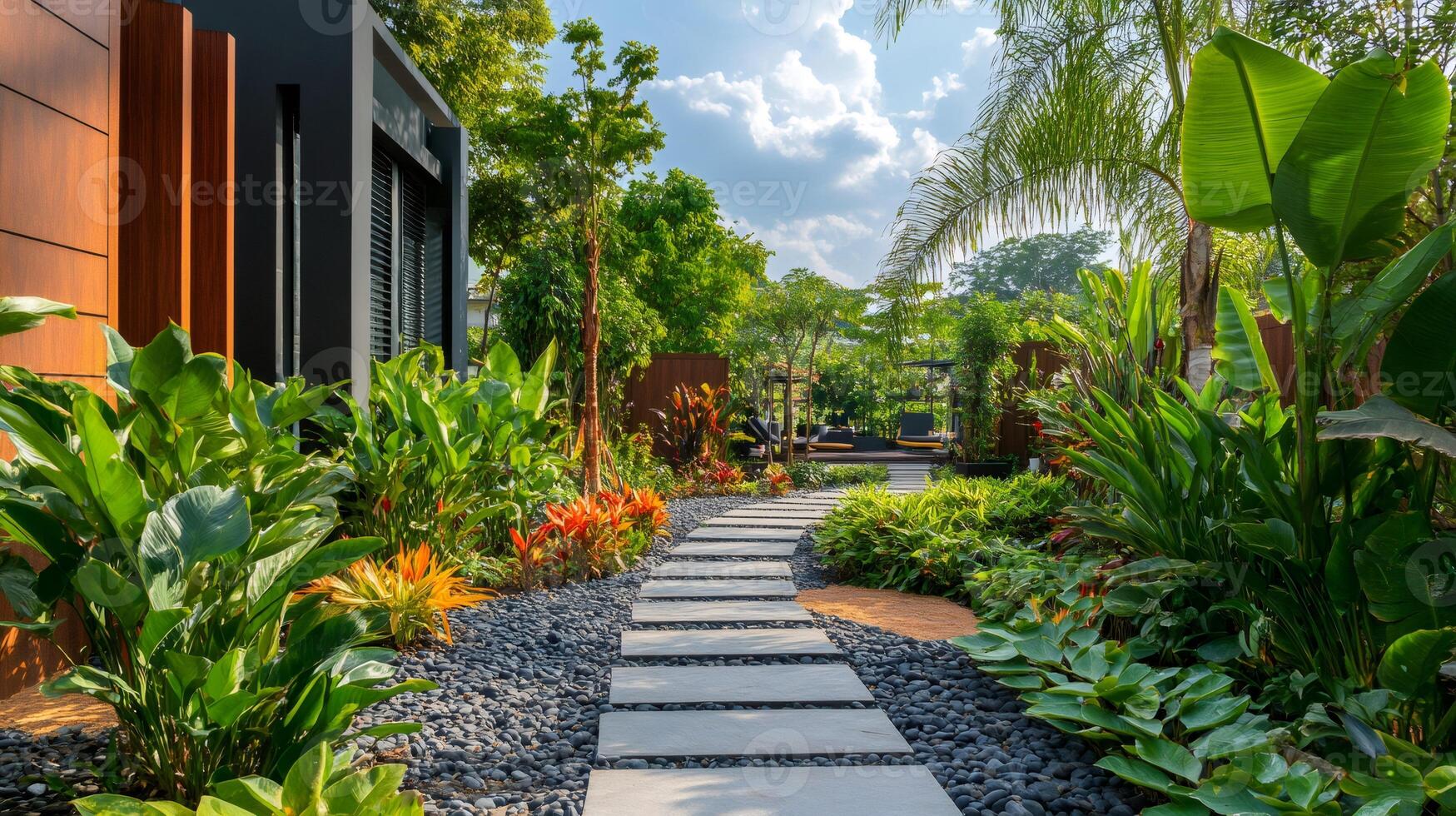 Stone garden path leading to relaxing area in tropical resort photo