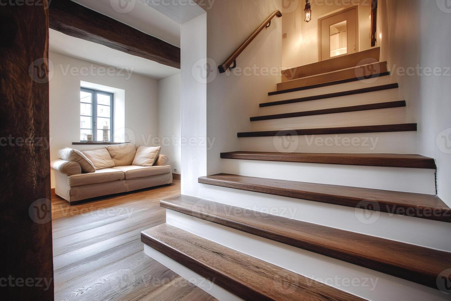 Modern wooden staircase leading to upper floor in contemporary house photo