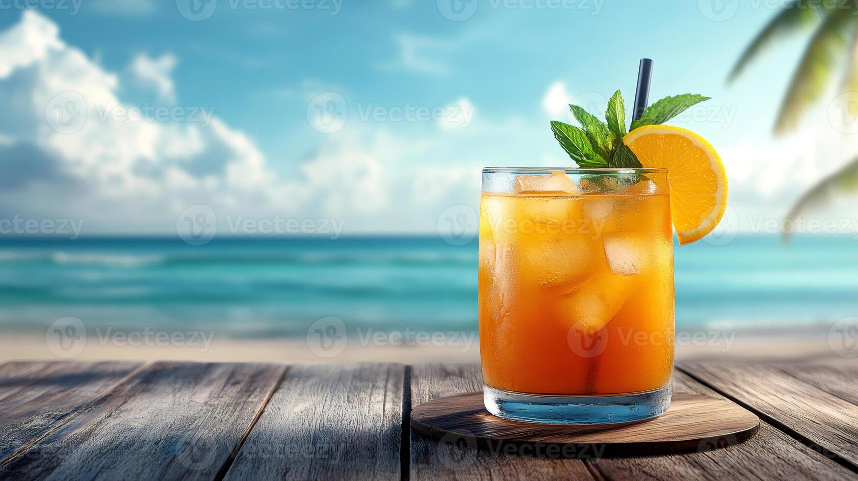 Refreshing iced tea enjoying tropical beach view on wooden table photo