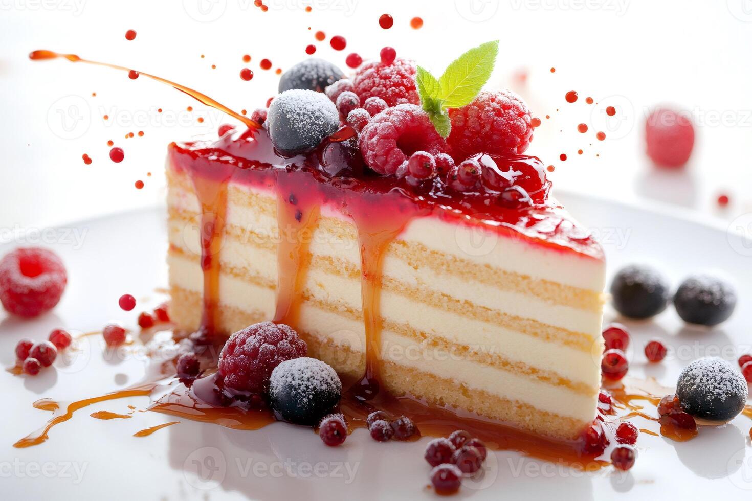 Delicious piece of cake with berries and caramel splashing photo
