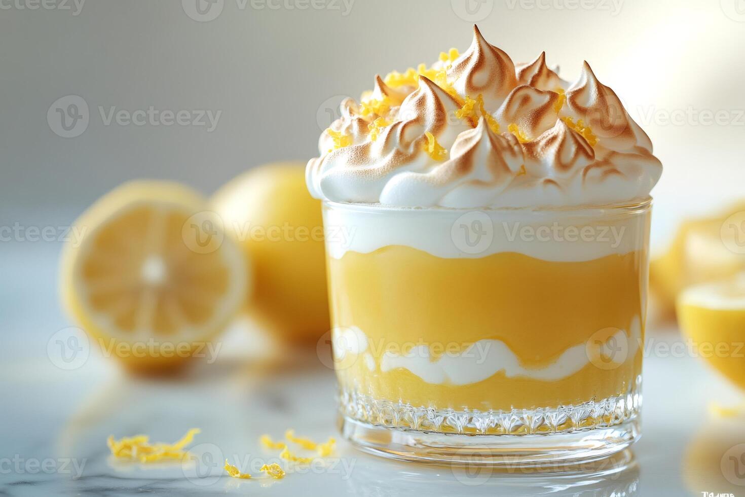 Delicious lemon posset dessert garnished with meringue and zest photo