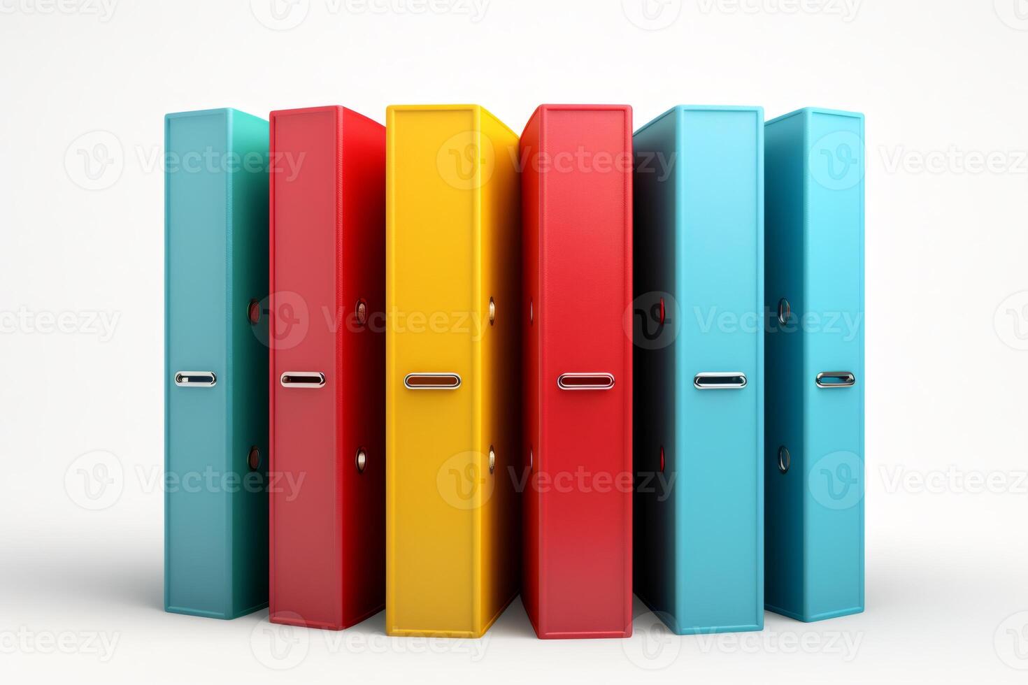 Colorful ring binders standing in a row on white background photo