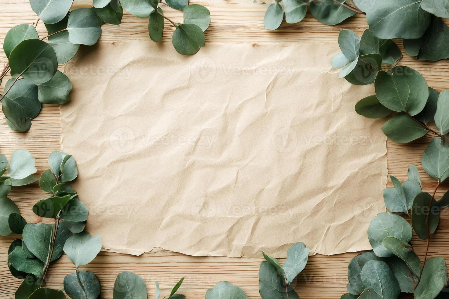 Eucalyptus leaves framing crumpled brown paper on wooden table photo