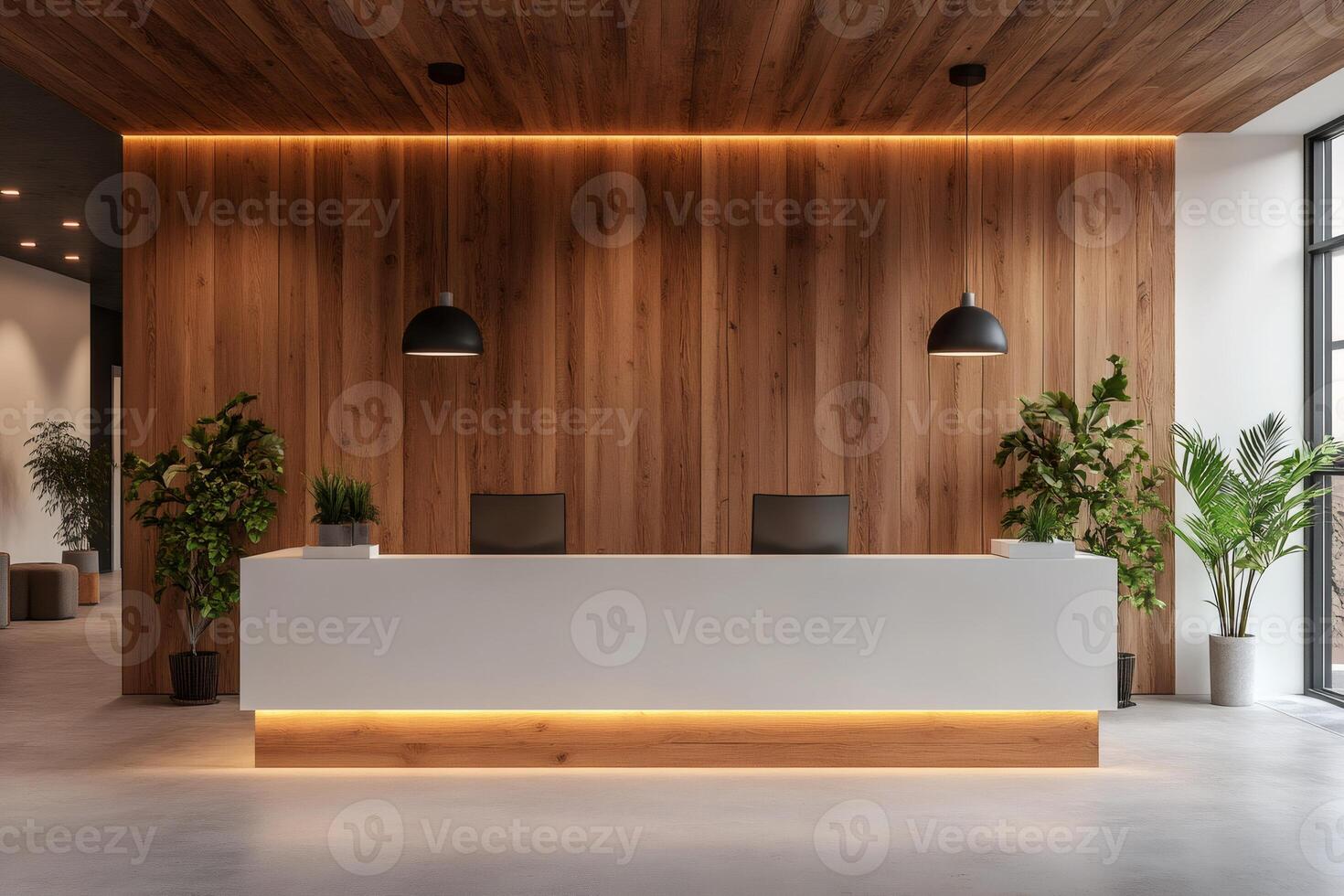 Modern office reception area with wooden wall and white counter photo