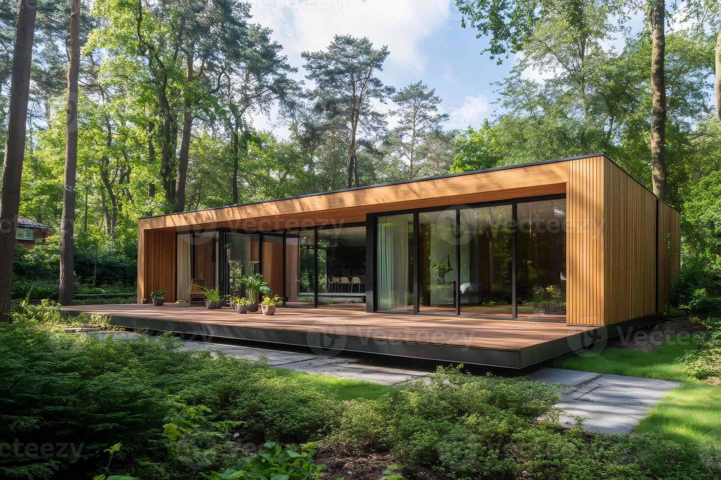 Modern wooden house with large windows in a forest setting photo