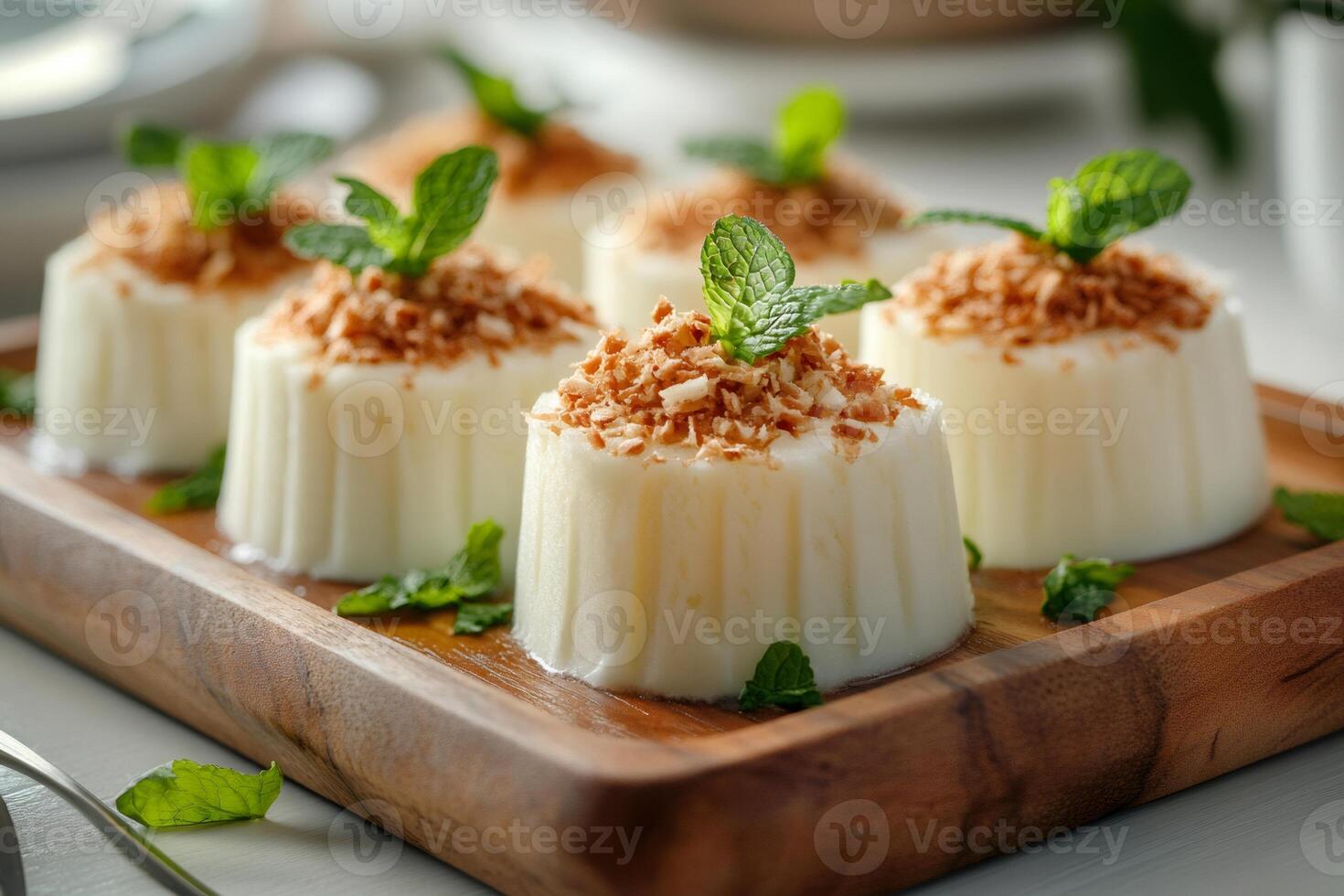 Delicious panna cotta dessert garnished with grated coconut and mint leaves on wooden tray photo