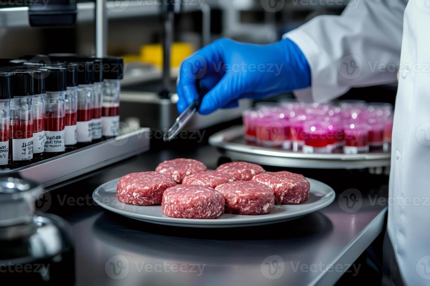 Food scientist analyzing cultured meat burger in laboratory photo