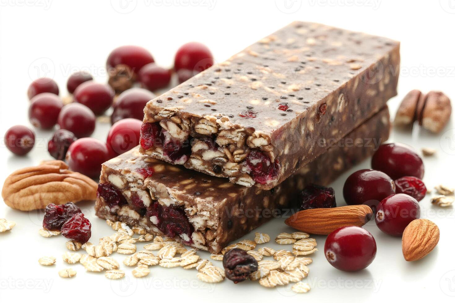 Granola bars with various ingredients are waiting to be eaten as a healthy snack photo