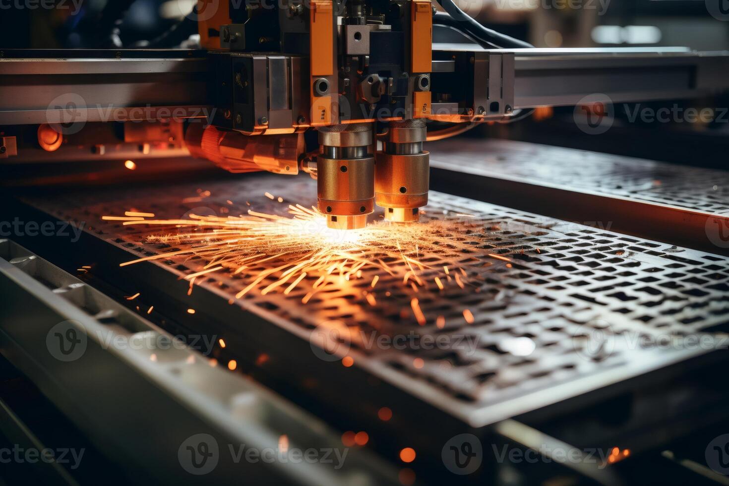 Industrial laser cutting machine processing metal sheet in factory photo