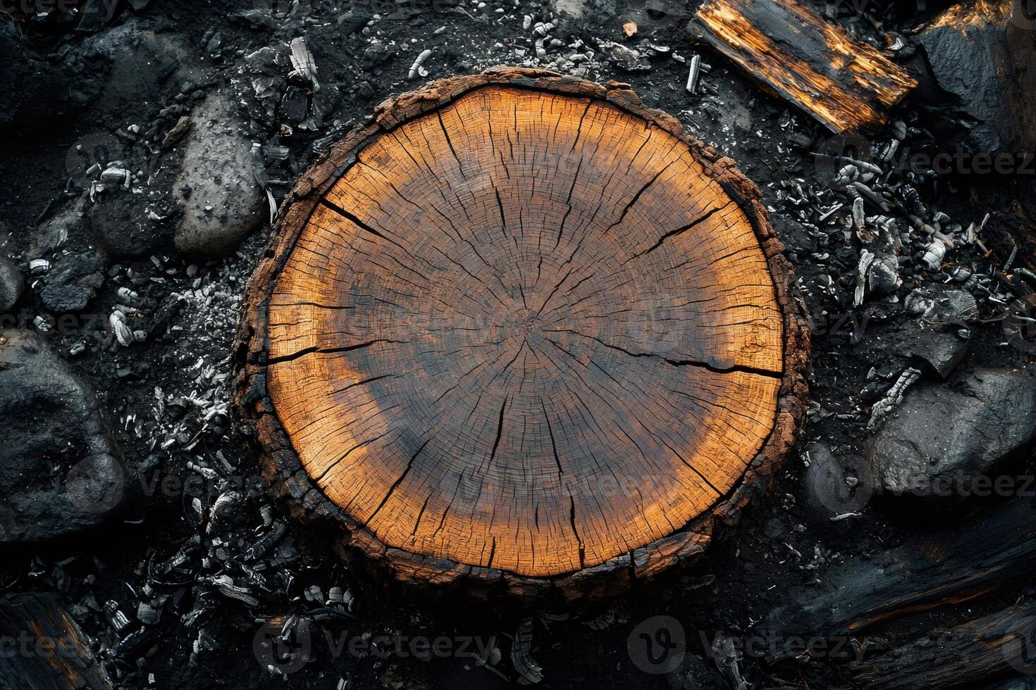Tree trunk showing growth rings on ashes after a forest fire photo