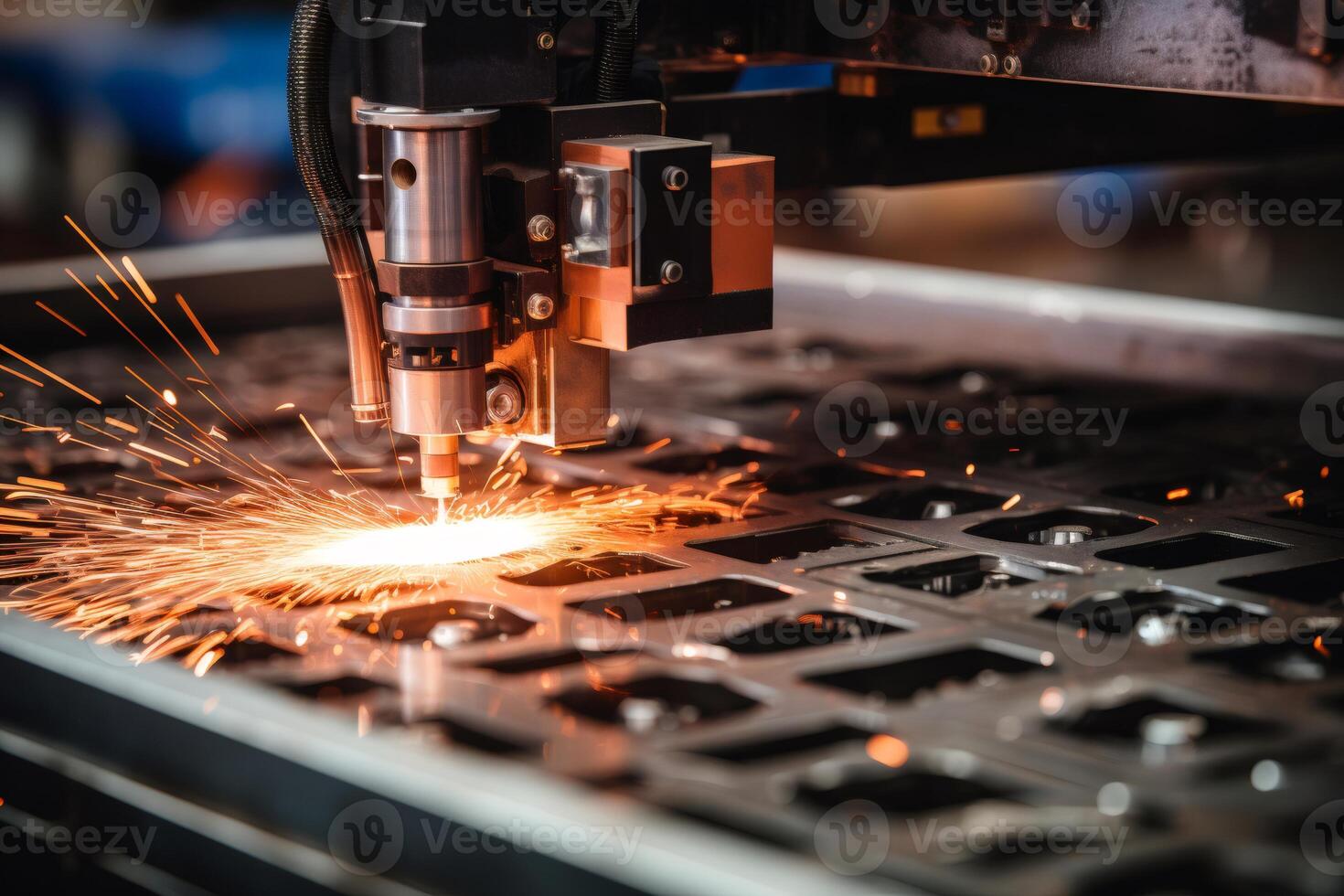 Laser cutting machine engraving metal plate with sparks flying in workshop photo