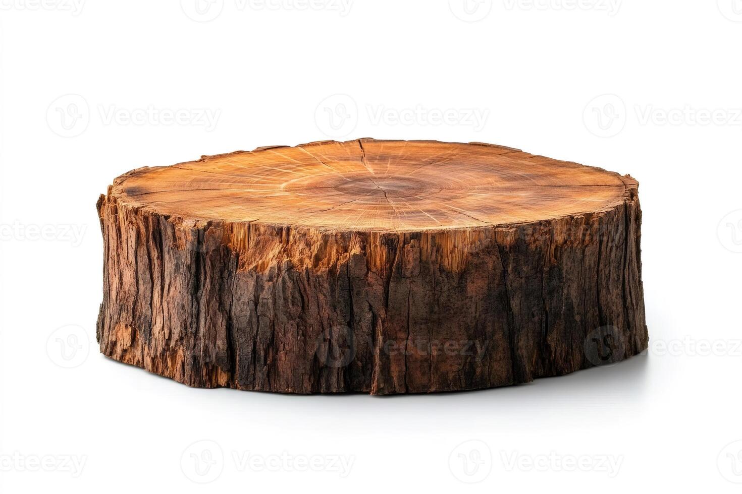 Cross section of tree trunk showing growth rings on white background photo