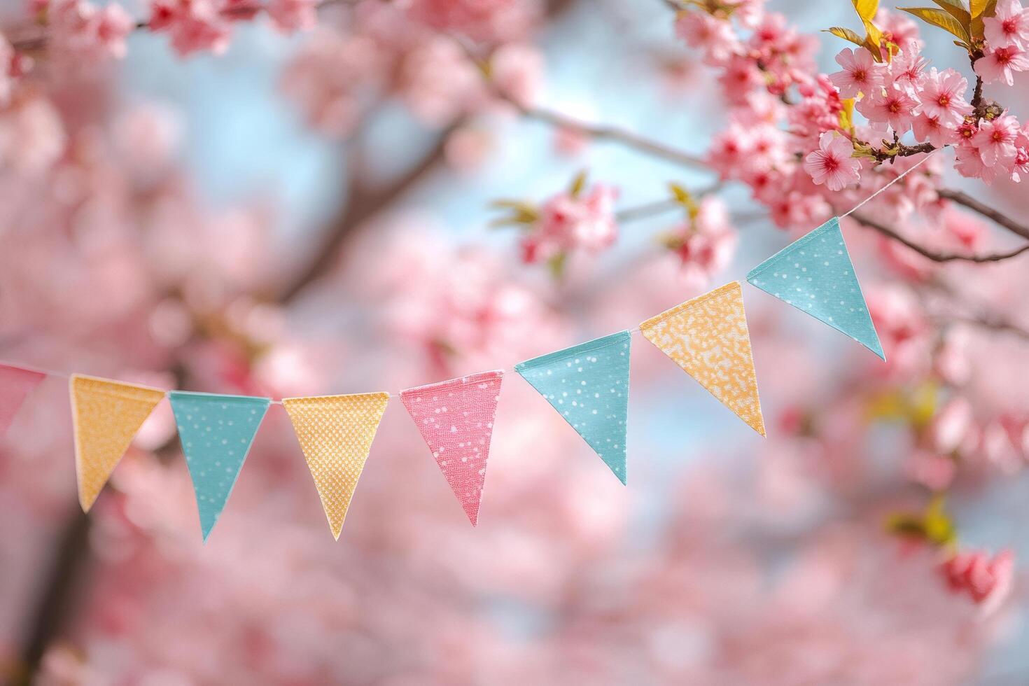 Pastel colored bunting hanging from cherry blossom tree in spring.. photo