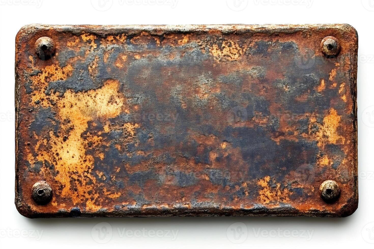 Rusty metal plate showing corrosion and rivets on white background photo