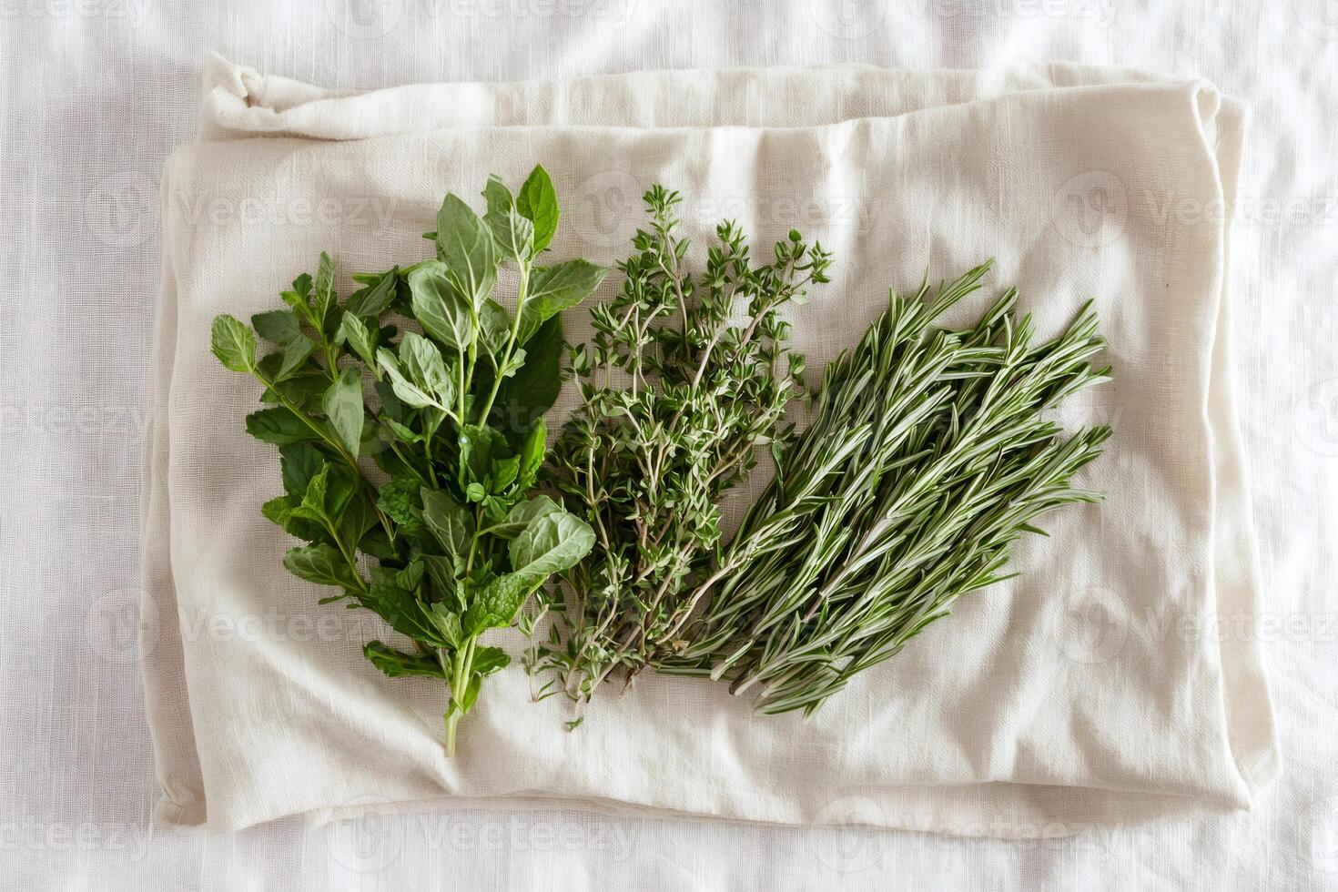 Freshly picked herbs of mint, oregano, thyme, and rosemary lying on beige linen cloth photo