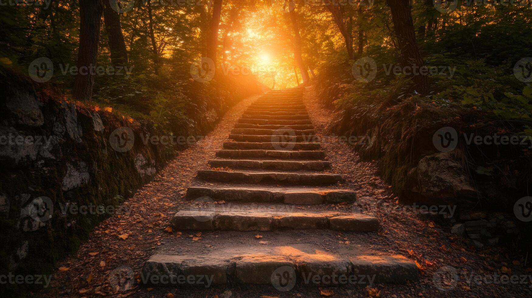 Stone stairway leading through trees towards bright setting sun photo