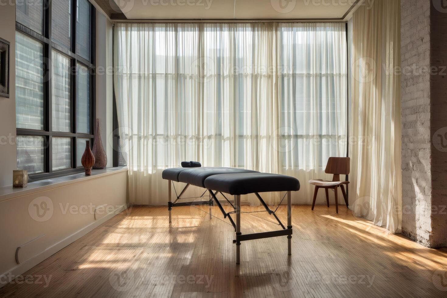 Empty massage table in sunlit room with curtains and hardwood floor photo