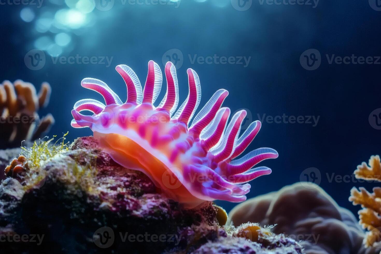 Nudibranch showing cerata on coral reef in the ocean photo