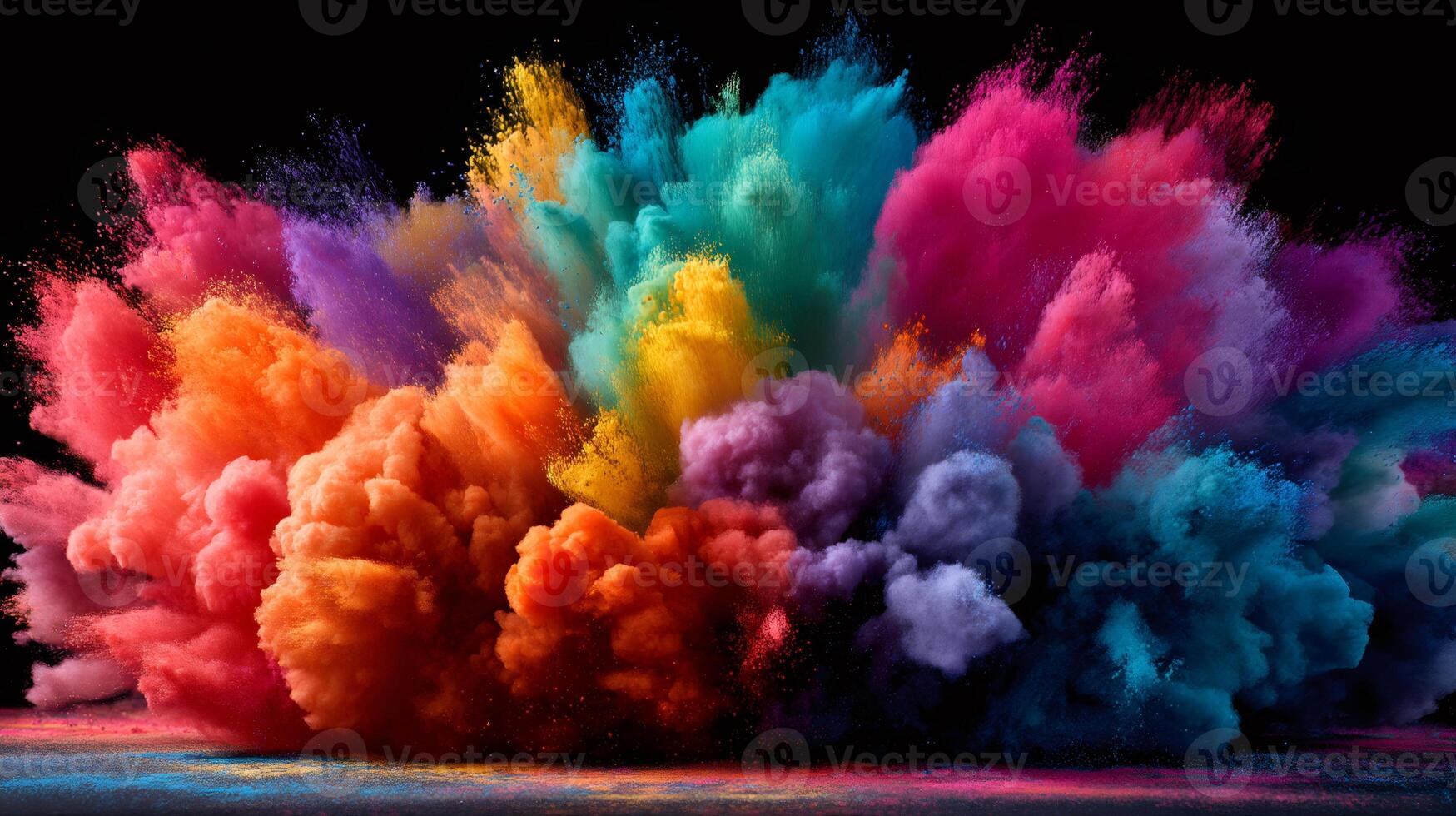 Colorful powder exploding, creating a vibrant cloud of rainbow hues against black background photo