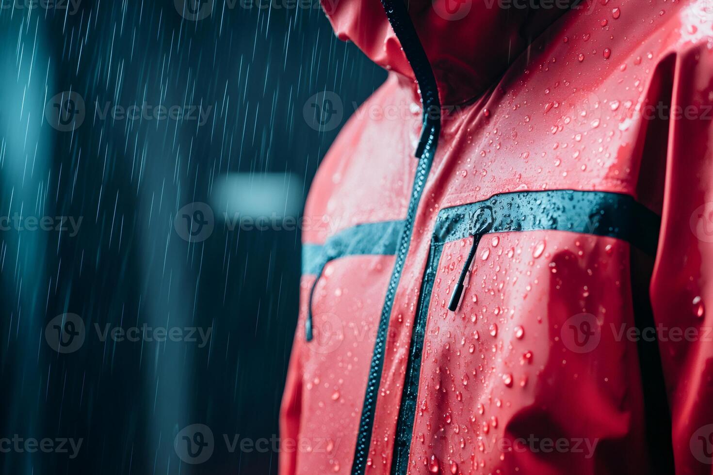 Waterproof breathable jacket protecting from rain. Rain drops on red raincoat photo