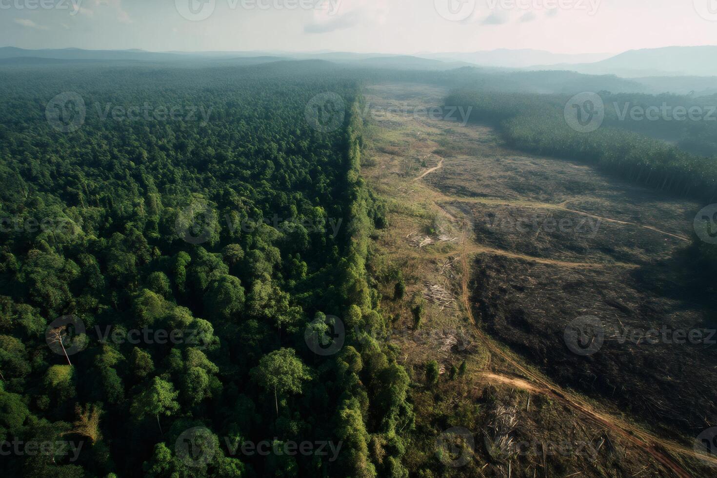 Deforestation advancing into lush rainforest, creating a stark contrast photo