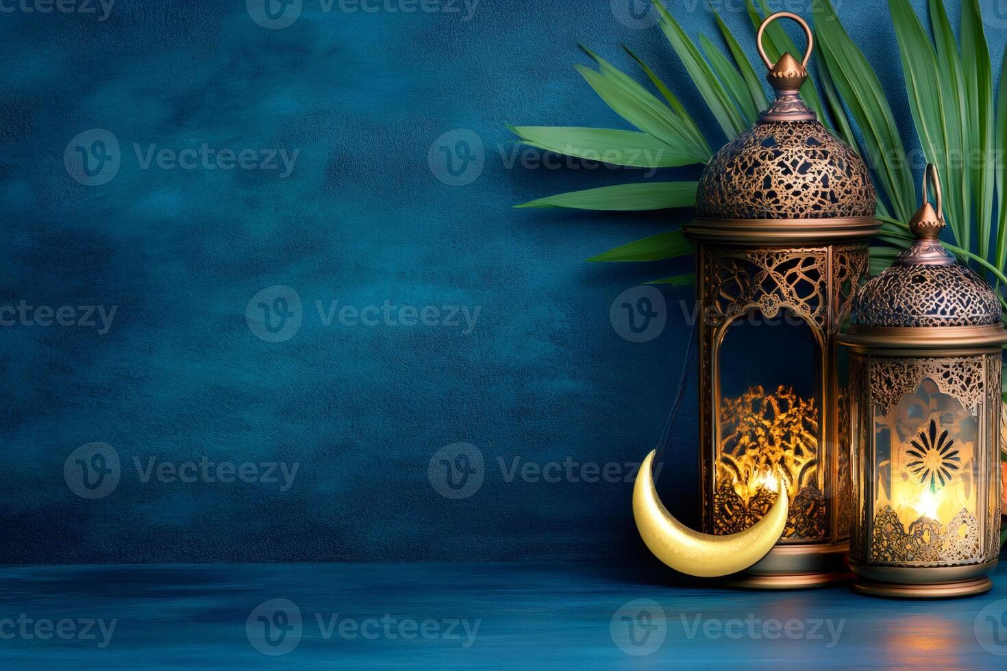 Golden crescent moon and ornate lanterns celebrating ramadan or islamic holidays photo