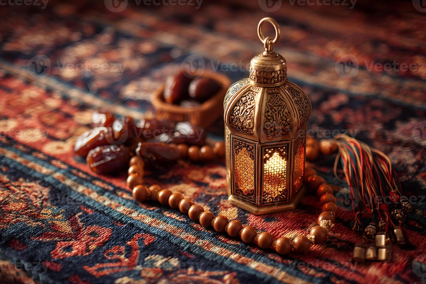 Ramadan kareem still life with dates, lantern, prayer beads and carpet photo