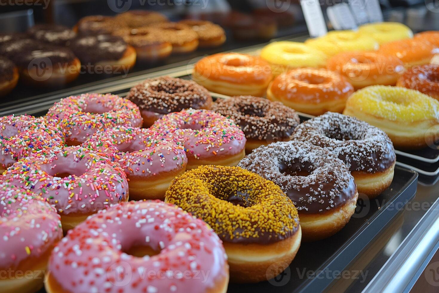 Delicious colorful donuts with sprinkles displayed in bakery window photo