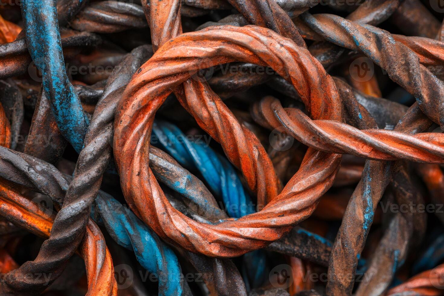 Twisted metal rods showing orange and blue paint forming abstract shapes photo