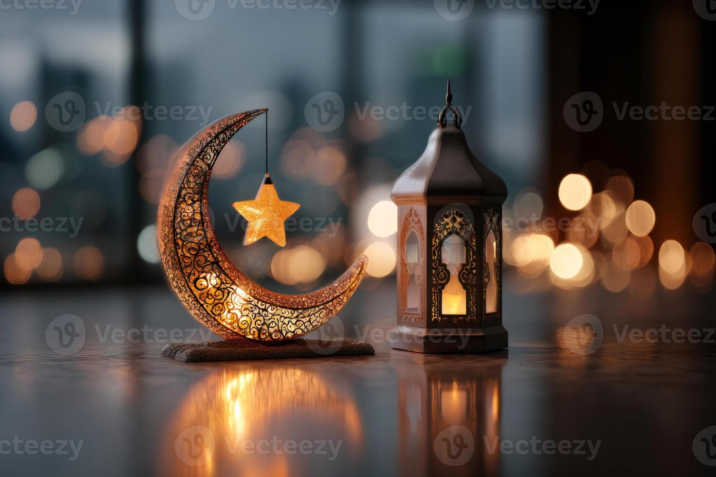 Illuminated crescent moon and lantern celebrating ramadan or eid al fitr photo