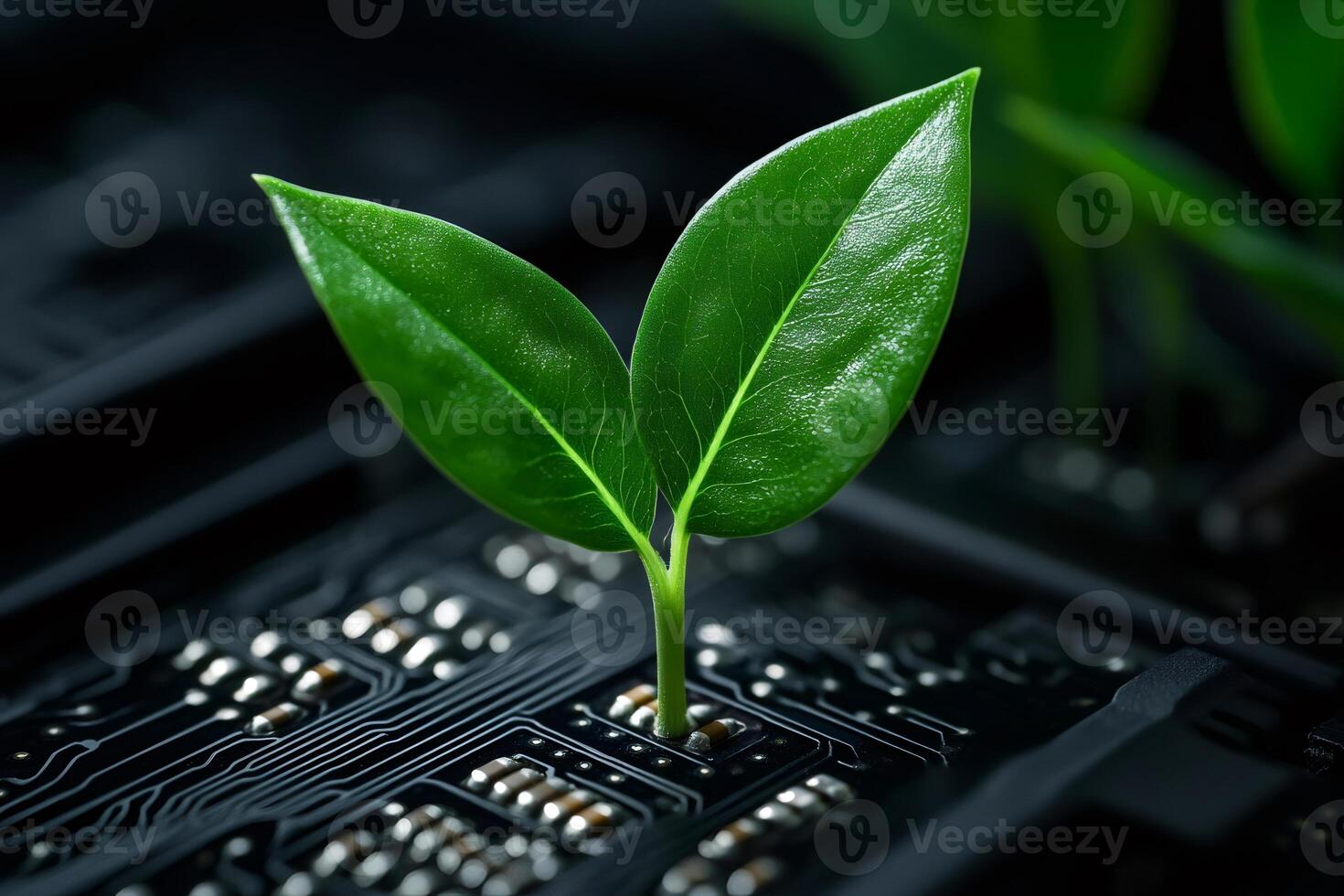 Green plant growing from computer circuit board symbolizing green technology photo