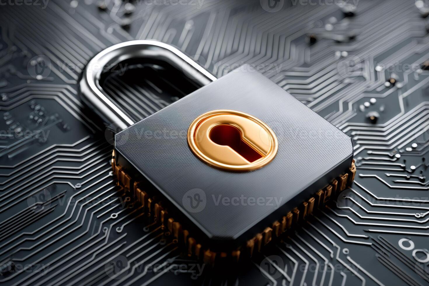 Padlock protecting computer circuit board symbolizing data security photo